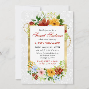 Invitation Fleurs rouges, jaunes et bleues Gold Sweet 16
