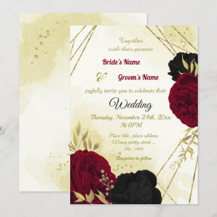 Invitation fleurs rouges noires or feuille mariage