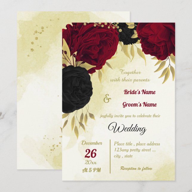 Invitation fleurs rouges noires or feuille mariage (Devant / Derrière)