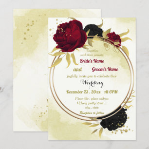 Invitation fleurs rouges noires or feuille mariage géométriqu