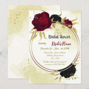 Invitation fleurs rouges noires or feuille nuptiale
