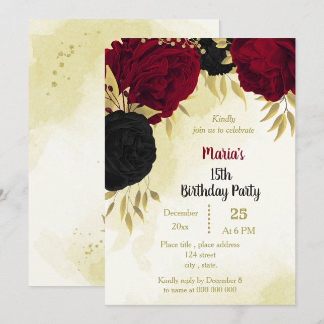 Invitation fleurs rouges noires or feuilles anniversaire (Devant / Derrière)