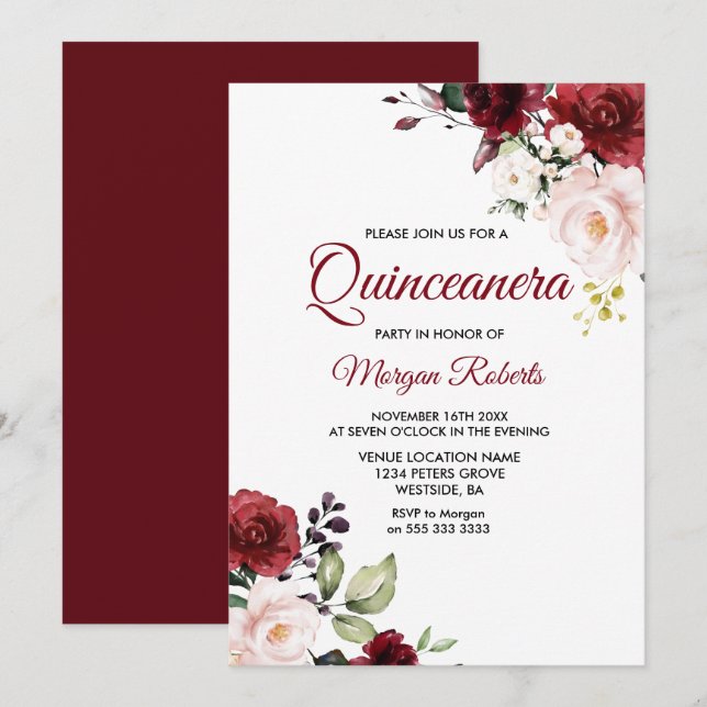 Invitation Fleurs rouges romantiques de Bourgogne Quinceanera (Devant / Derrière)