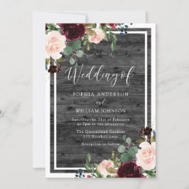 Invitation Fleurs rouges rousses et bordeaux Mariage de bois 