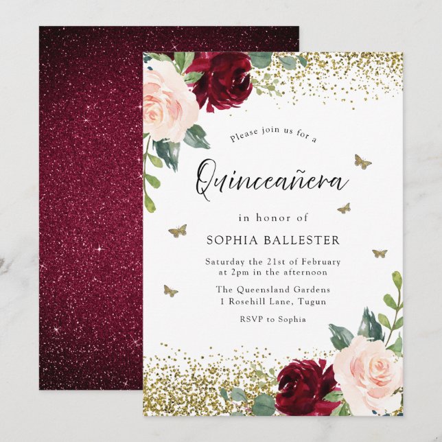 Invitation Fleurs rouges rousses et bordeaux Quinceanera Part (Devant / Derrière)