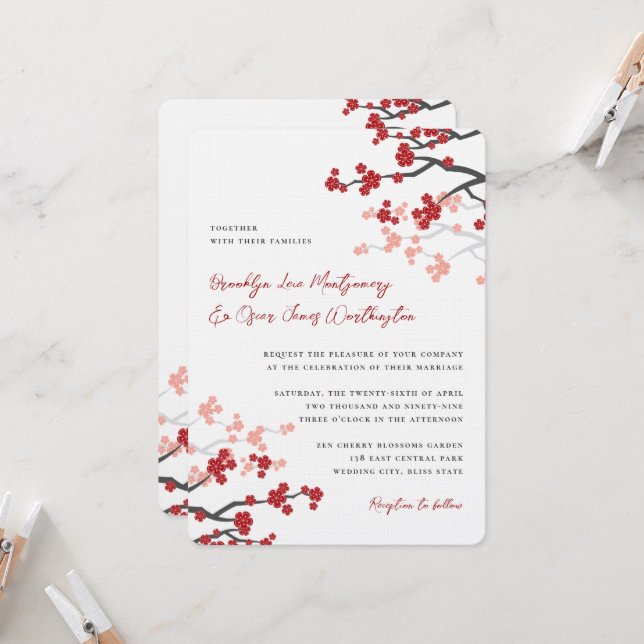 Invitation Fleurs rouges Sakura Fleurs cerises fleurs Mariage (Devant/Arrière en situation)