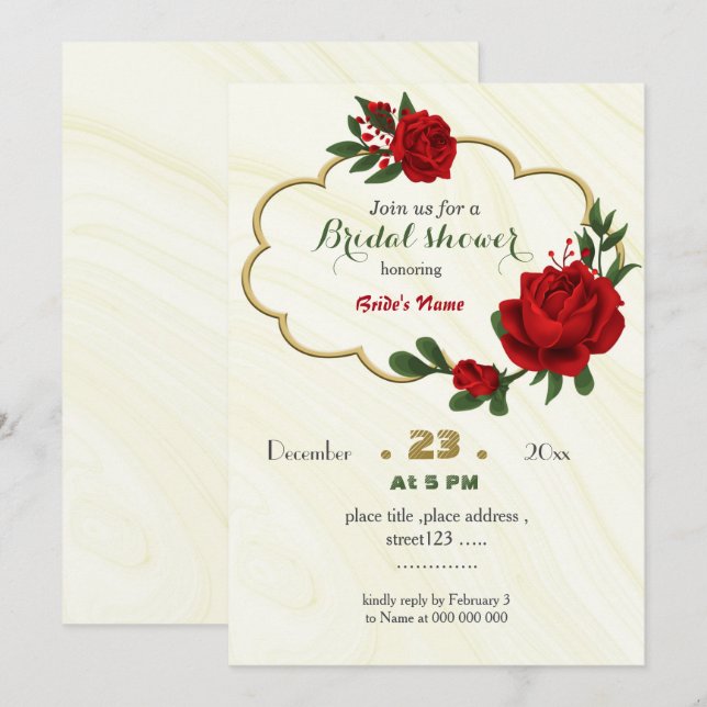 Invitation fleurs rouges vert feuille cadre doré nuptiale (Devant / Derrière)