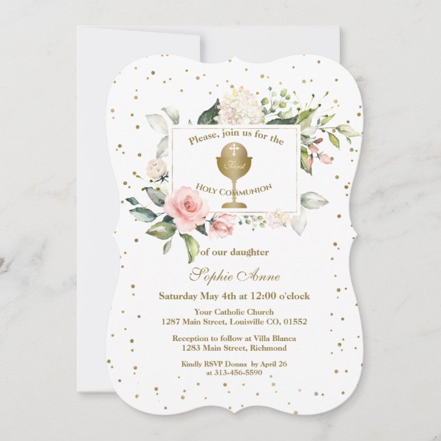 Invitation Fleurs rousses Gold Confetti Fille Sainte Communio (Devant)