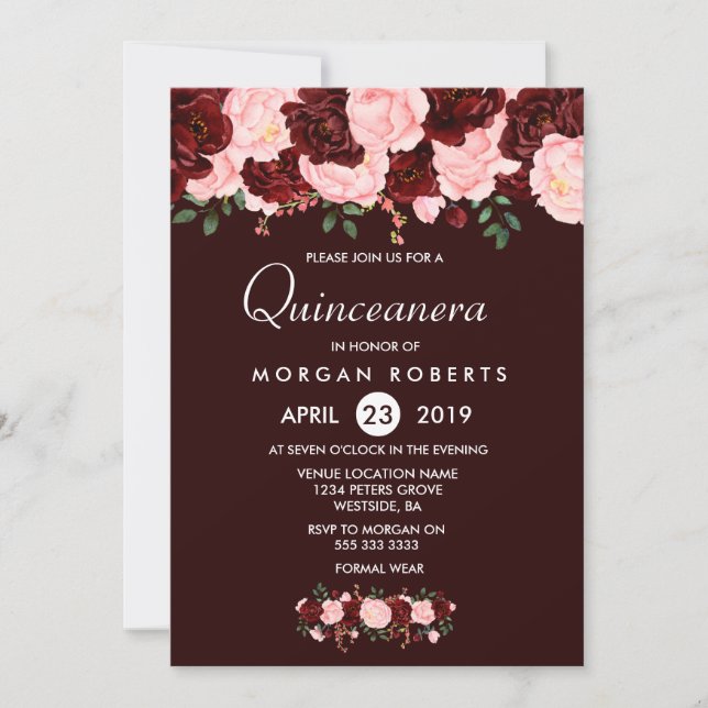 Invitation Fleurs rousses rousses de Bourgogne Quinceanera In (Devant)