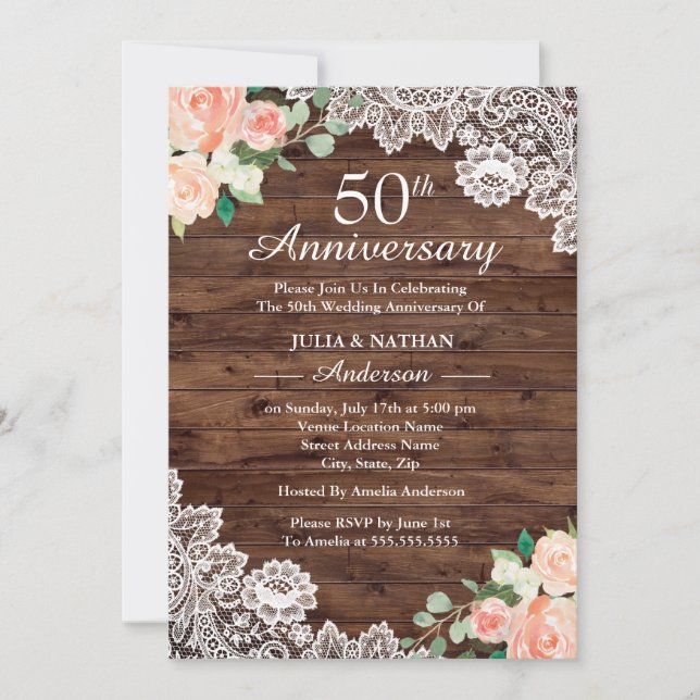 Invitation Fleurs Rustique Bois Dentelle 50e Anniversaire de  (Devant)