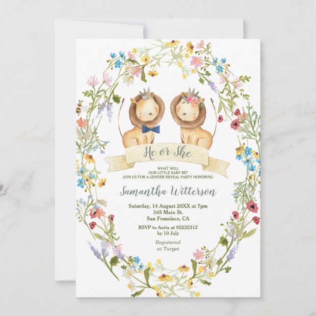 Invitation Fleurs rustiques Lui ou Elle Lion Révélation de ge (Devant)