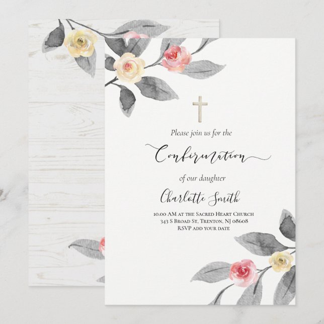 Invitation fleurs rustiques sur bois Confirmation (Devant / Derrière)