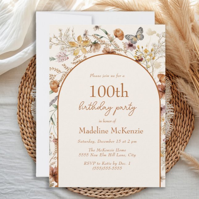 Invitation Fleurs sauvages Arch Boho 100e anniversaire (Boho floral and butterfly 100th birthday party invitation )