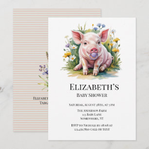 Invitation Fleurs sauvages bébé cochon aquarelle Baby Shower