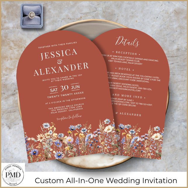 Invitation Fleurs sauvages bleus Dusty tous en un Mariage rou (Terracotta Watercolor Wildflowers Elegant Arch Wedding Invitation with Details on the Back.)