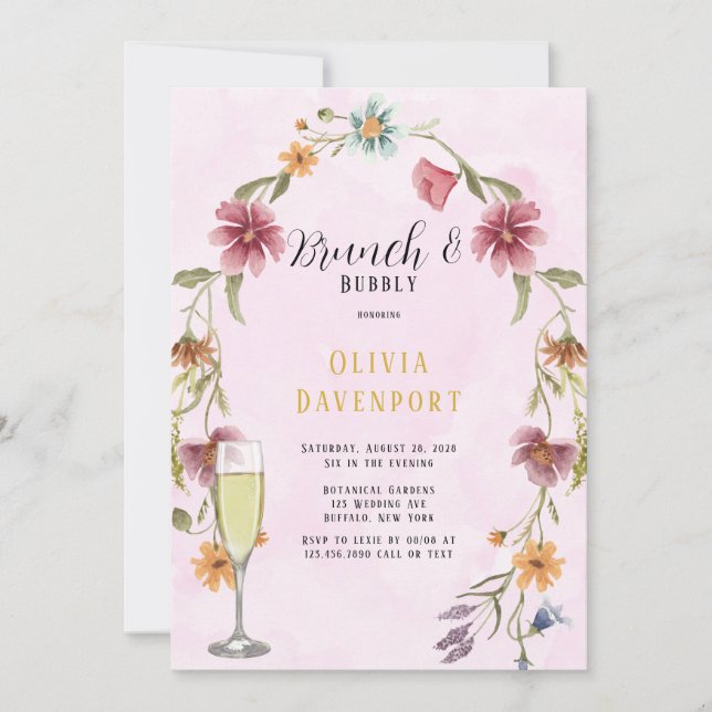 Invitation Fleurs sauvages Blush Pink Gold Brunch & Bubbly (Devant)