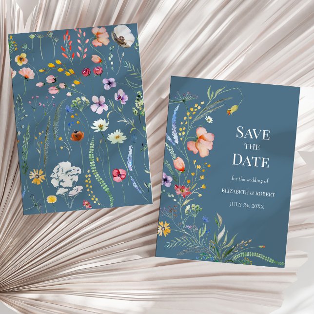 Invitation Fleurs sauvages Boho Bleu Doux Enregistrer La Date (Soft Blue Boho Wildflowers Save The Date Invitation on a sunny neutral dry palm leaf.)