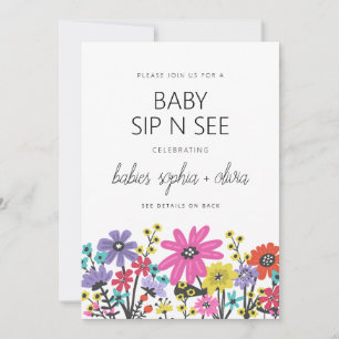 Invitation Fleurs sauvages boho modernes jumelles bébé Sip An