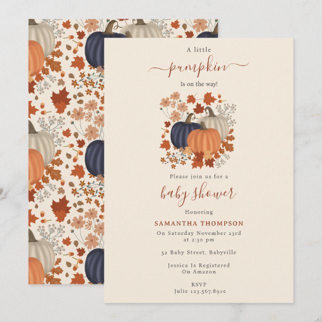Invitation Fleurs sauvages Citrouille Russe Automne Baby show (Devant / Derrière)