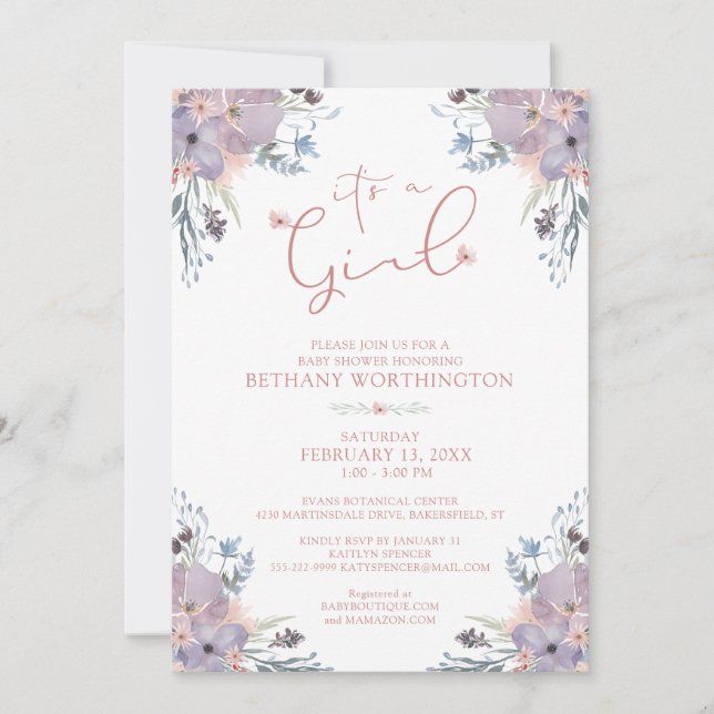 Invitation Fleurs sauvages d'aquarelle Baby shower fille (Devant)