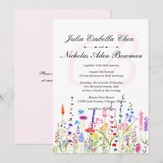 Invitation Fleurs sauvages d'aquarelle Monogramme Mariage de  (Devant / Derrière)