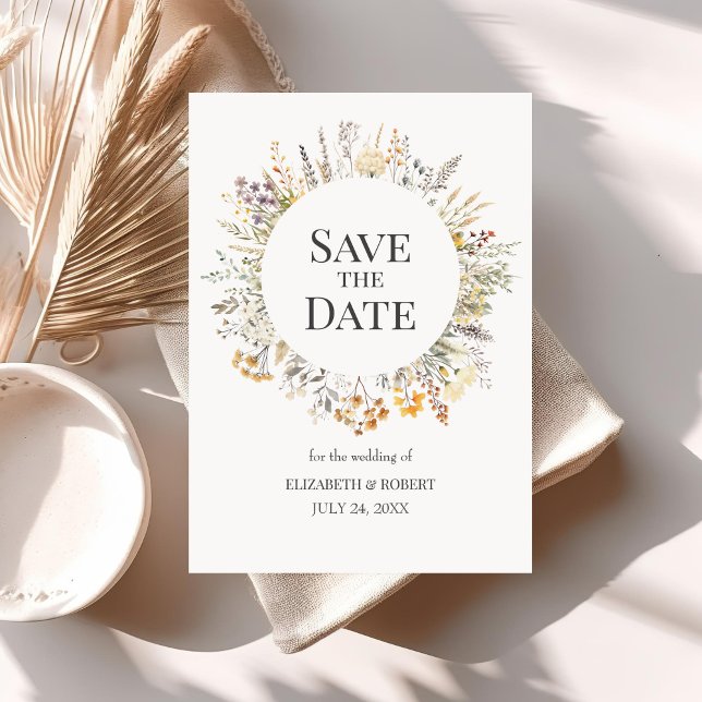 Invitation Fleurs sauvages D'Aquarelle Peach Enregistrer La D (Peach Watercolor Wildflowers Save The Date Invitation on a table with neutral boho decoration.)