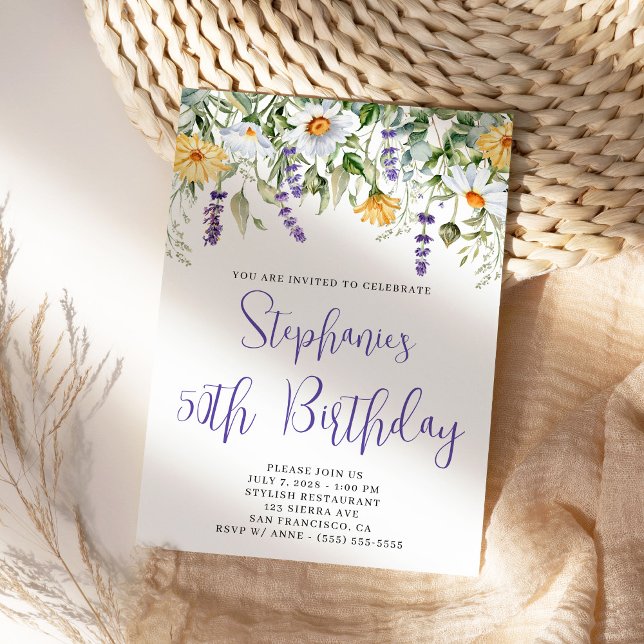 Invitation Fleurs sauvages d'aquarelle violette Anniversaire (Lavender purple floral birthday invitation.)