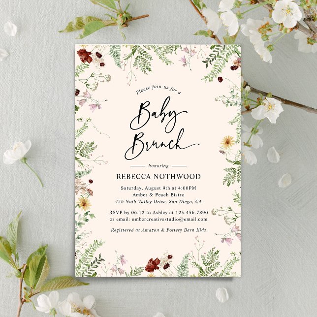 Invitation Fleurs sauvages de bébé Blush moderne Brunch bébé (Créateur téléchargé)