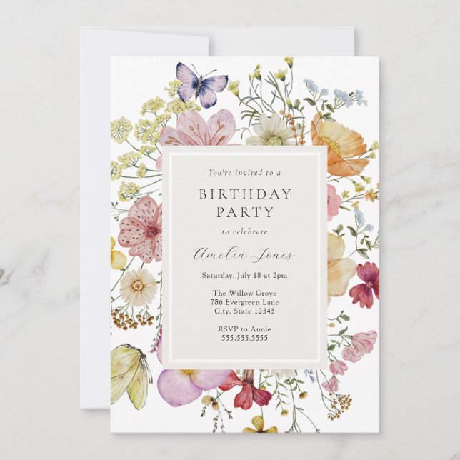 Invitation Fleurs sauvages de Boho séché fille d'anniversaire (Devant)