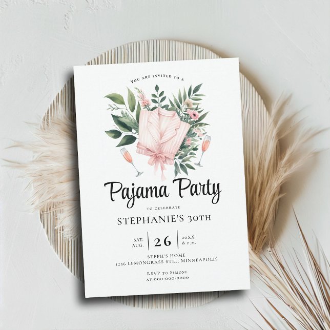 Invitation Fleurs sauvages de la fête du sommeil adulte 30e a (adult pajama party 30th birthday invitation slumber sleepover elegant wildflowers botanical chic)
