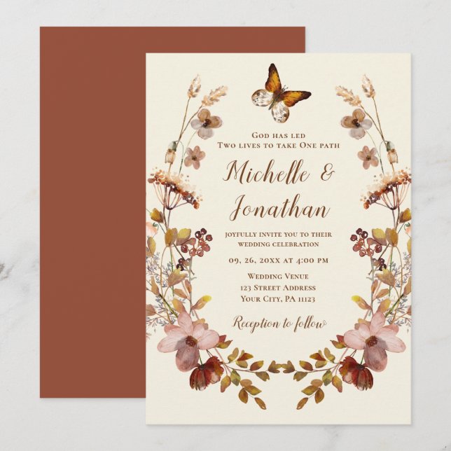 Invitation Fleurs sauvages de la Terre couronne Mariage chrét (Devant / Derrière)