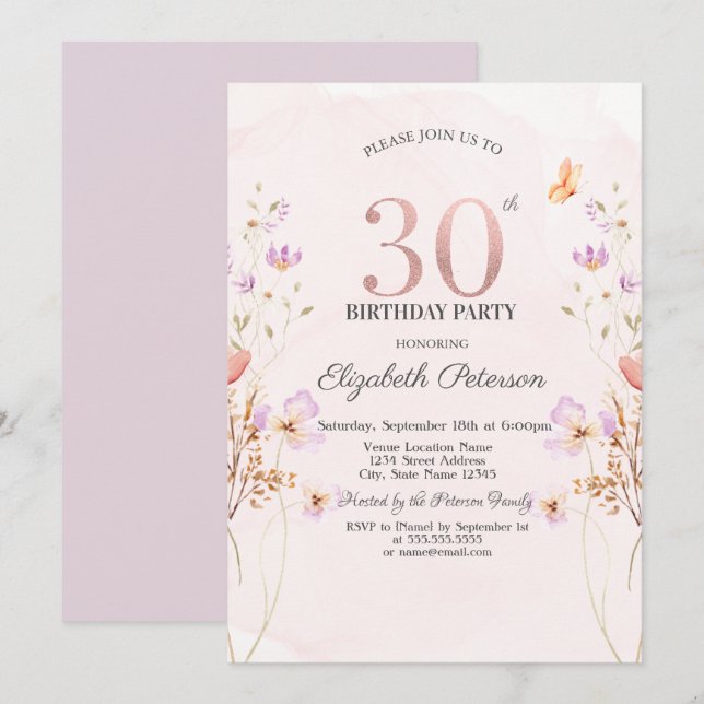 Invitation Fleurs sauvages de lilas à l'aquarelle 30 ans (Devant / Derrière)