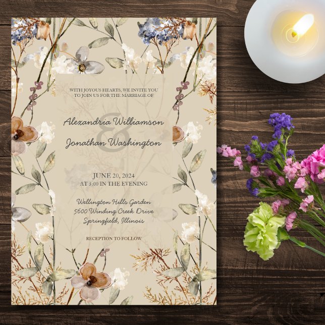 Invitation Fleurs sauvages de pays sur Mariage beige (Créateur téléchargé)