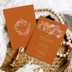 Invitation Fleurs sauvages de prairie boho initiales mariage