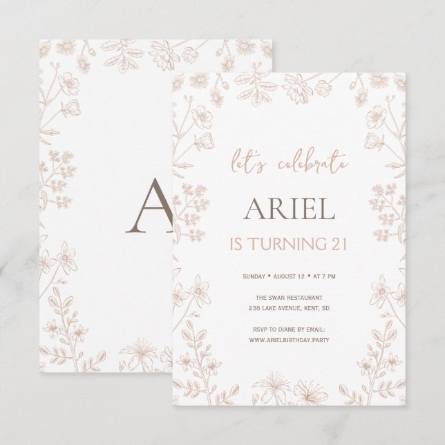 Invitation Fleurs sauvages dessinant mignon floral 21e annive (Devant / Derrière)