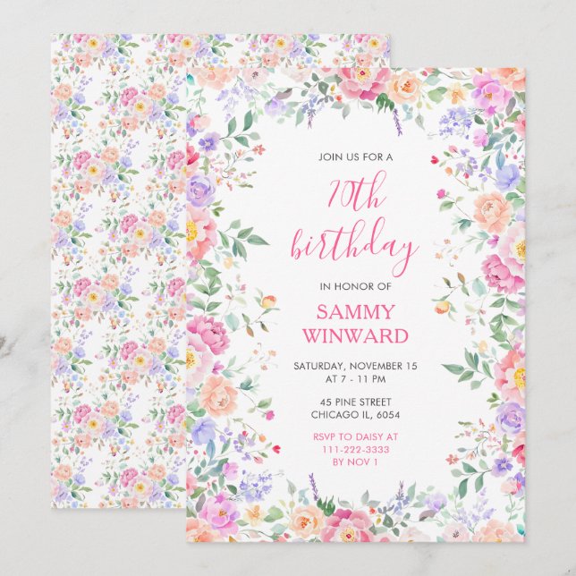 Invitation Fleurs sauvages d'été Floral 70e fête d'anniversai (Devant / Derrière)