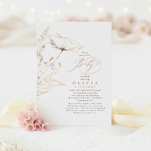 Invitation Fleurs sauvages dorées Baby Shower Poussiéreux Ros