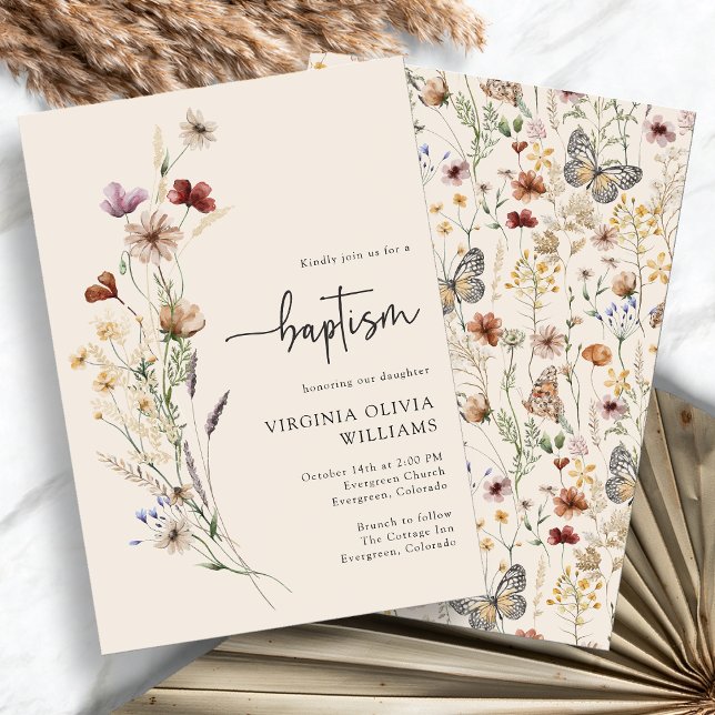 Invitation Fleurs sauvages du baptême (Baptism Watercolor Boho Wildflowers Invitation by Painted Paperie
)