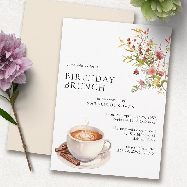 Invitation Fleurs sauvages du café | Brunch d'anniversaire fl (Créateur téléchargé)