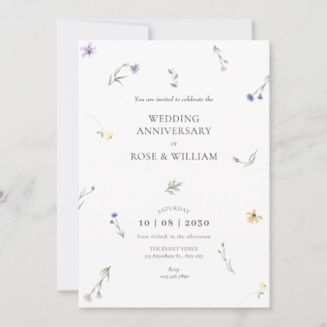 Invitation Fleurs sauvages élégant anniversaire de mariage (Devant)