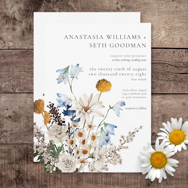 Invitation Fleurs sauvages et marguerites rustiques (Rustic Dusty Blue Wildflowers & Daisies Wedding Invitation)