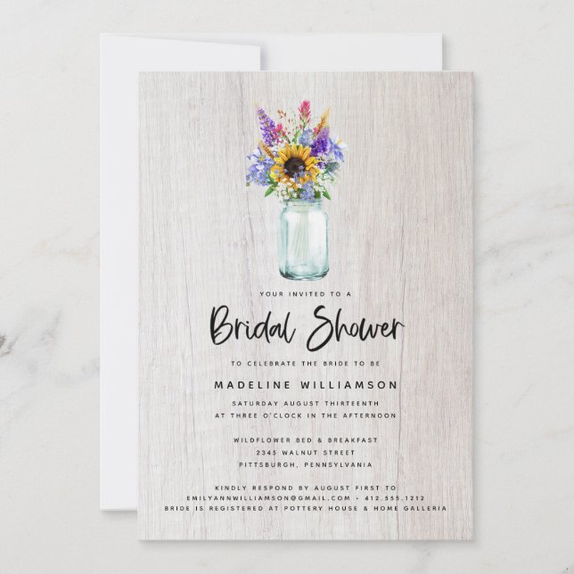 Invitation Fleurs sauvages et tournesols Mason Jar Fête des m (Devant)