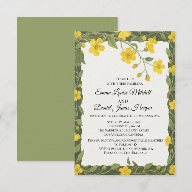 Invitation Fleurs sauvages florales jaune vert élégant (Devant / Derrière)