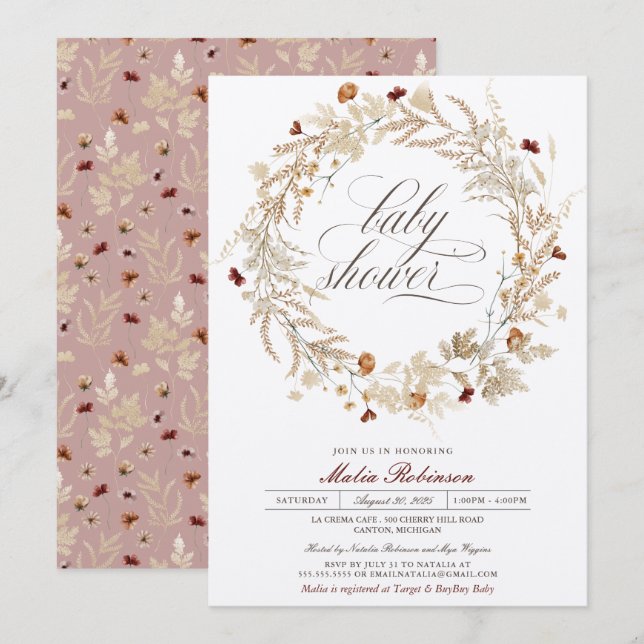 Invitation Fleurs sauvages floraux séchés Automne Baby shower (Devant / Derrière)