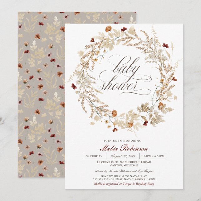 Invitation Fleurs sauvages floraux séchés Baby shower d'autom (Devant / Derrière)