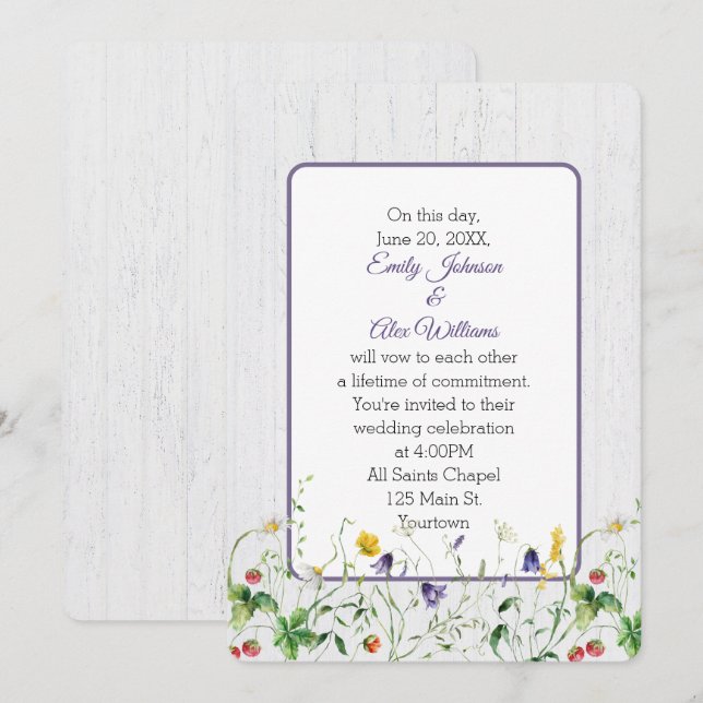 Invitation Fleurs sauvages mariages Sur Bois Blanchi (Devant / Derrière)