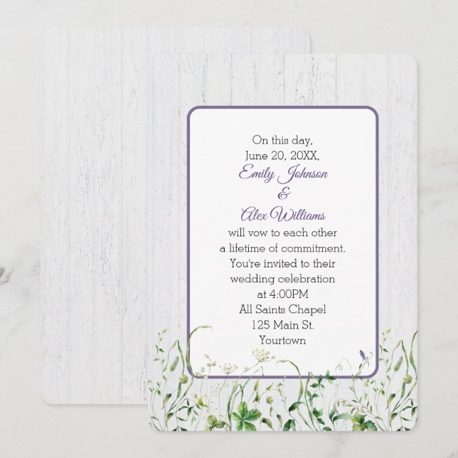 Invitation Fleurs sauvages mariages Sur Bois Blanchi (Devant / Derrière)