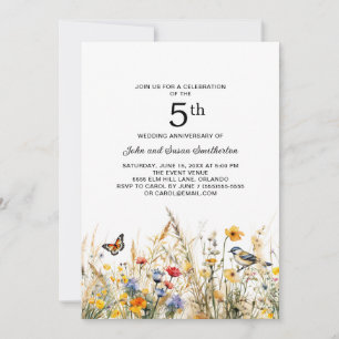 Invitation Fleurs sauvages Oiseaux Papillons 5e anniversaire