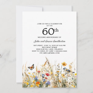 Invitation Fleurs sauvages Oiseaux Papillons 60e anniversaire