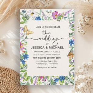 Invitation Fleurs sauvages Papillons Cadre Manuscrit